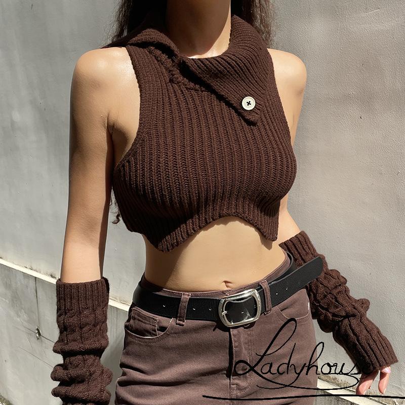 Áo Croptop Dệt Kim Hai Dây Cổ Cao Màu Nâu Thời Trang Mùa Hè Cho Nữ