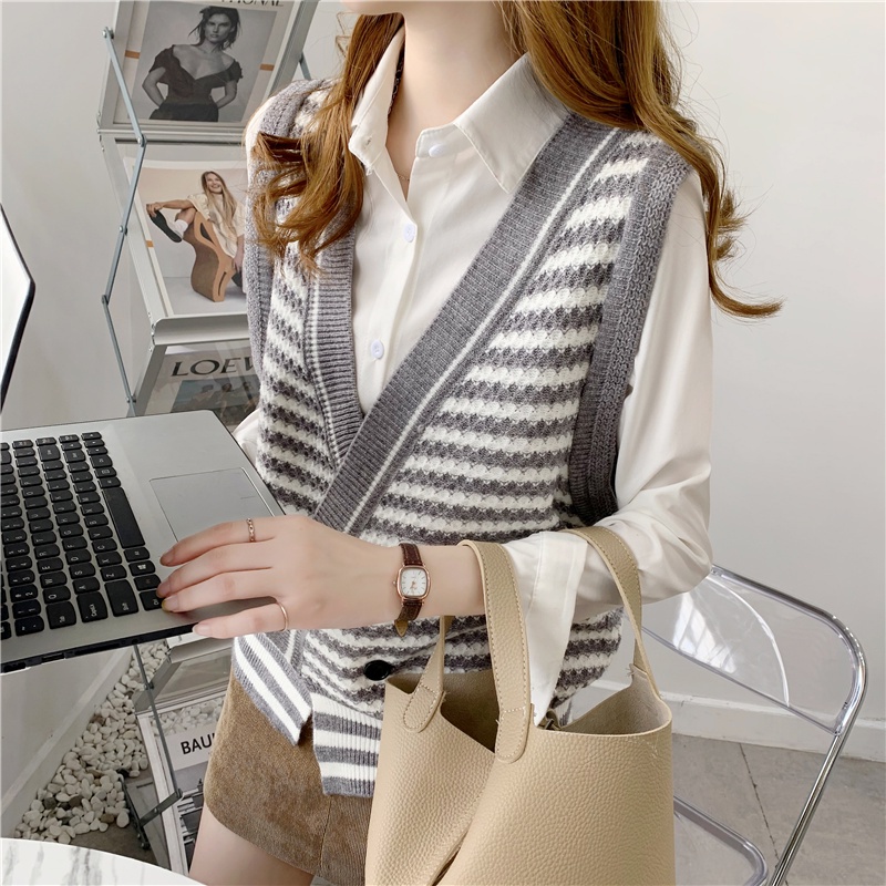 Áo sweater dệt kim SUXI không tay dáng rộng kẻ sọc phong cách retro Hàn Quốc dành cho nữ