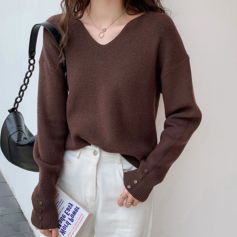 Áo dệt kim Xiaozhainv dáng rộng tay dài cổ V có 4 màu thời trang