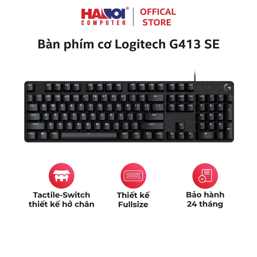 Bàn phím cơ Logitech G413 SE Tactile sw (USB/PBT), Thiết kế fullsize 104 phím, Keycap Pbt bền bỉ