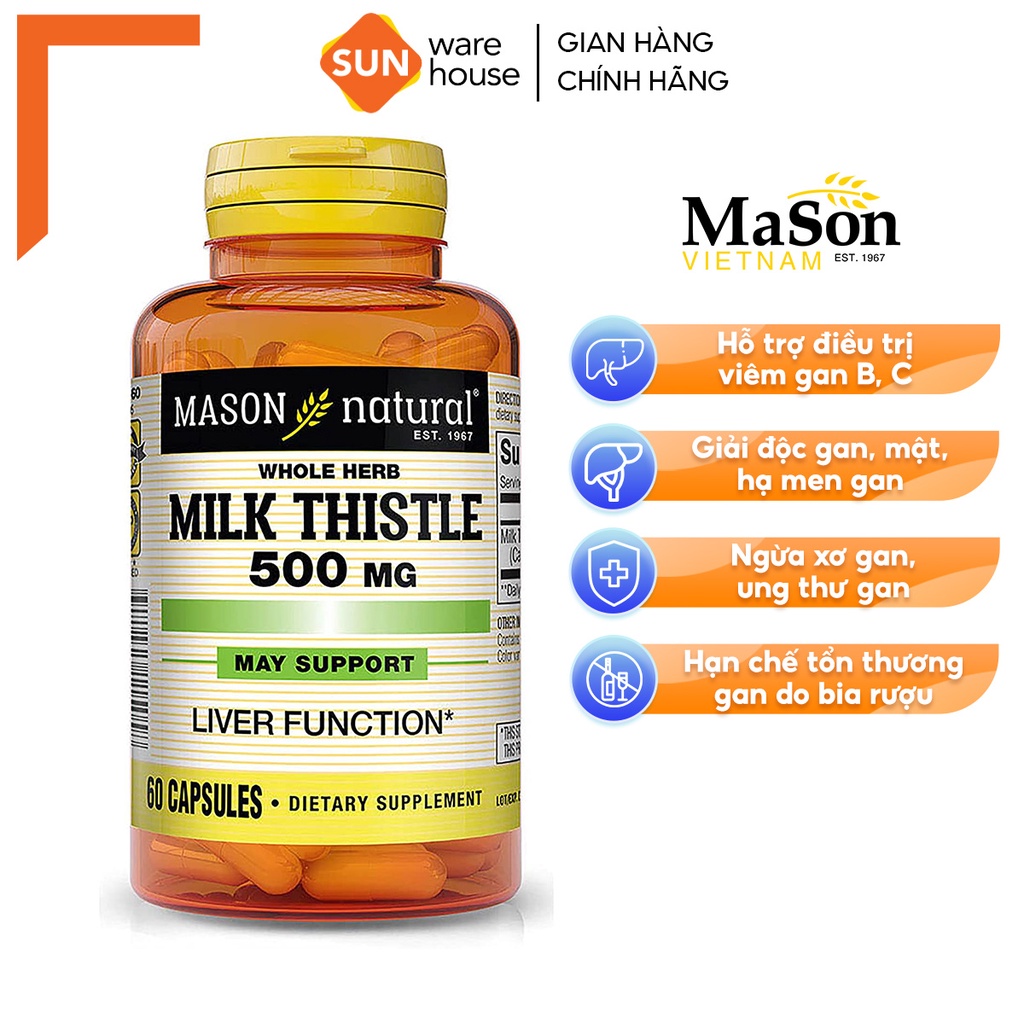 Viên Uống Bổ Gan Mason Natural Milk Thistle 500mg Lọ 60 Viên Hỗ Trợ Giải Độc, Bổ Gan, Cải Thiện Chức Năng Gan