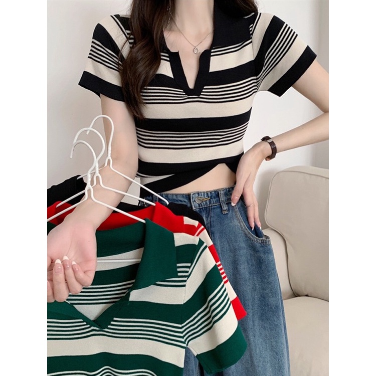 QADCOL  Áo polo Dệt Kim Mỏng Dáng Ôm Tay Ngắn Kẻ Sọc Kiểu Retro Dễ Phối Đồ