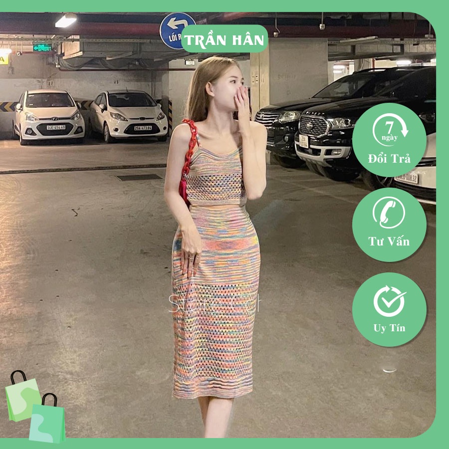 Set váy kẻ áo 2 dây len loang dáng croptop mix chân váy thời trangI Trần Hân Shop 4012360