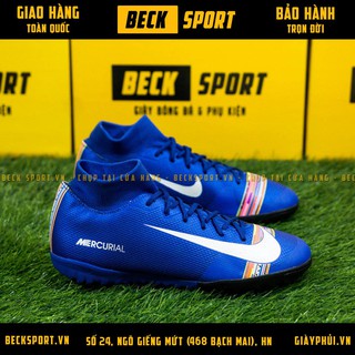 Giày Bóng Đá TQ Mercurial Superfly CR7 Academy Xanh Biển Vạch Trắng Cao Cổ TF