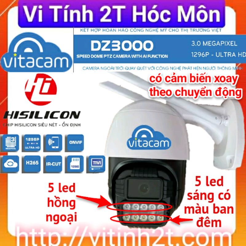 CAMERA NGOÀI TRỜI VITACAM DZ3000 PRO PTZ XOAY 355 ĐỘ, 3.0 MPX 1296P ULTRA HD HÌNH ẢNH SIÊU NÉT CÓ MÀU