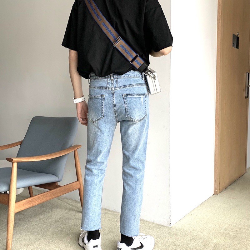 QUẦN JEANS XANH CO DÃN RÁCH GỐI 1B (hình chụp thật)