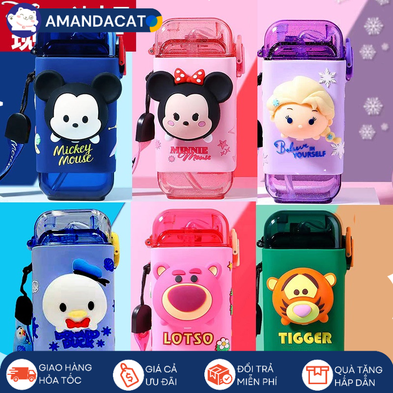 Bình Nước Chíp Chíp Tritan DISNEY, Bình nước Elsa, Mickey, Minnie, Donal, Tigger, Losto tặng dây đeo