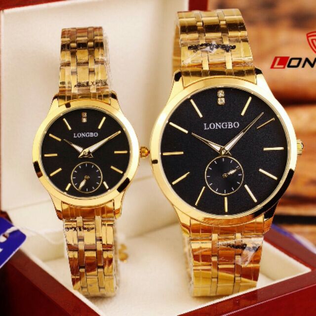 ĐỒNG HỒ ĐÔI LONGBO 80325 DÂY VÀNG MẶT ĐEN CHÍNH HÃNG