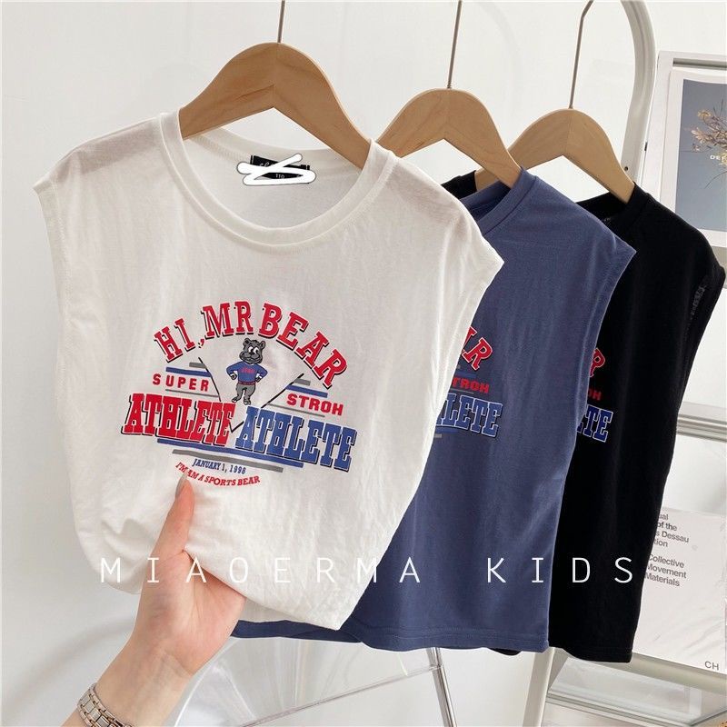 [Babycat] Hàng Có Sẵn Áo Thun Cotton Không Tay Dáng Rộng In Hoạt Hình Phong Cách Nhật Bản Hàn Quốc Cho Trẻ Em