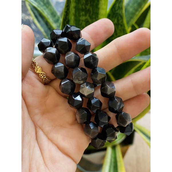 Vòng tay đá Năng Lượng Bảo Vệ, Đá Silver Sheen Obsidian hạt facet, Đá Healing ánh bạc