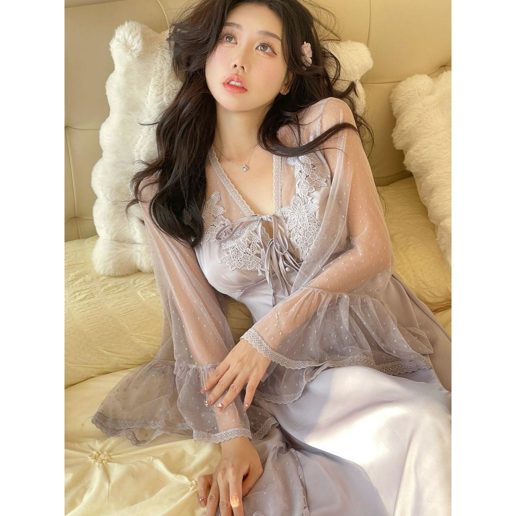 Đầm Ngủ Dáng Dài Có Mút Đệm Ngực Thiết Kế Ngọt Ngào Phong Cách Pháp Thời Trang Mới 2023 Cho Nữ