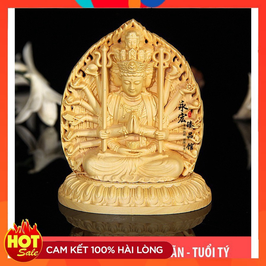 ((((GIẢM 15%)))) Tượng để xe ô tô bàn làm việc phật Thiên Thủ Thiên Nhãn bằng gỗ Hoàng Dương - TẶNG 1 VÒNG ĐEO TAY -hàn