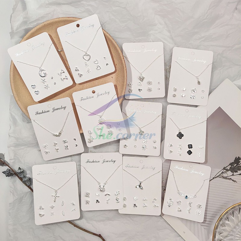 Set 4 đôi bông tai kèm 01 dây chuyền đính đá Hàn Quốc K65 màu bạc 12 kiểu dáng đáng yêu cho nữ