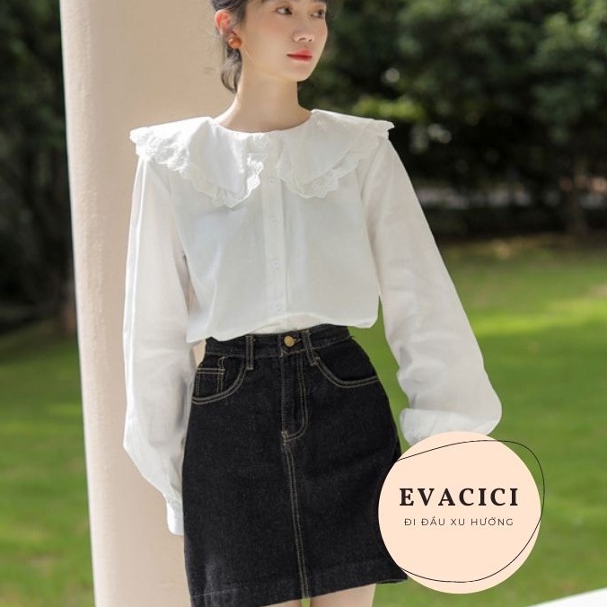 Áo sơ mi cổ 2 bèo viền ren độc đáo. Áo babydoll dài tay bồng chất mát