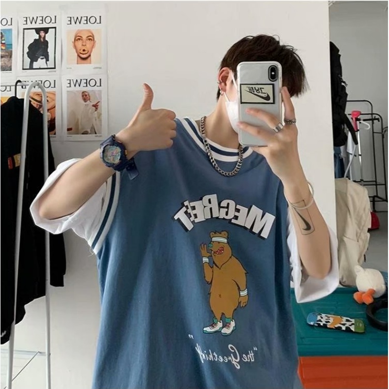 Áo Thun Tay Ngắn Giả Hai Lớp Form Rộng In Họa Tiết Hoạt Hình Phong Cách Hip Hop Hàn Quốc Cho Nam