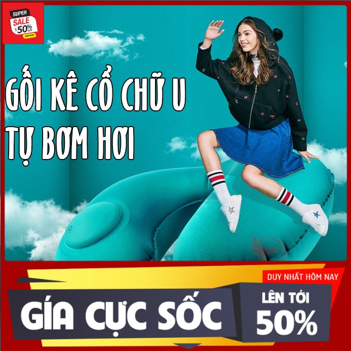 gối hơi kê tựa cổ chữ u tự bơm hơi nâng đỡ phần cổ ,gáy du lịch để ngủ văn phòng đi xe hơi ô tô máy bay bằng vải gấp gọn