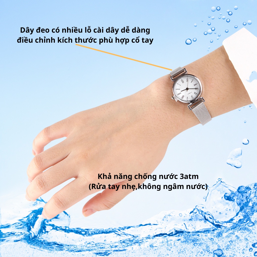 Đồng hồ đeo tay nữ mặt nhỏ dây kim loại QUARTZ, thời trang nữ đẹp mặt tròn size 22mm màu bạc khóa cài giá rẻ