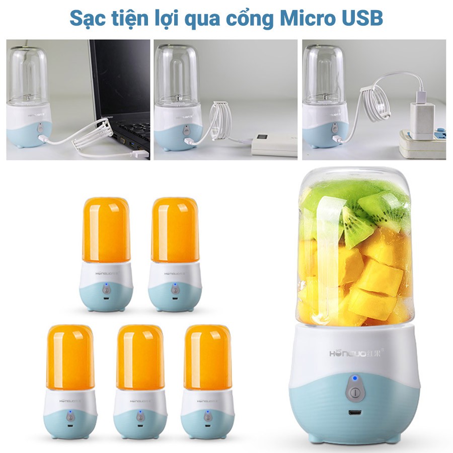 Máy Xay Sinh Tố Trái Cây Cầm Tay Máy Xay Sinh Tố Mini Honguo Sử Dụng Pin Sạc Cổng USB Tiện Dụng