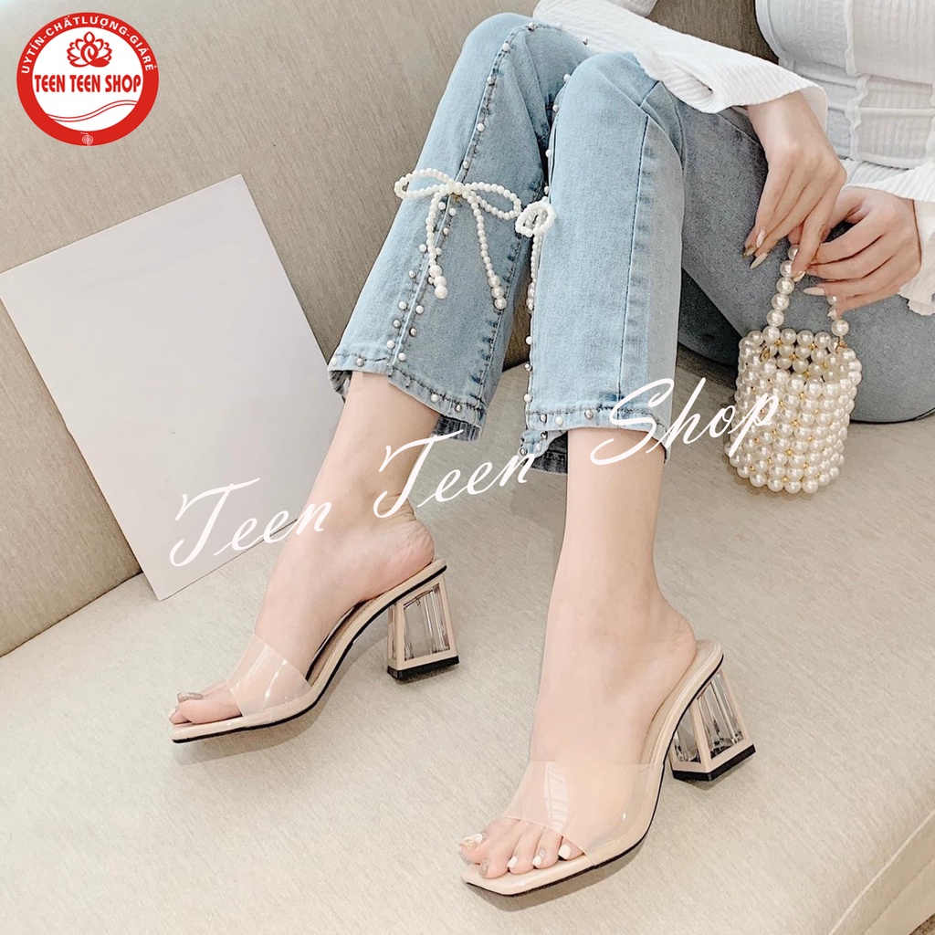 Dép nữ gót vuông trong suốt cao 6cm, quai ngang meca mềm dẻo, guốc nữ đi biển kiểu dáng mới, Teen Teen Shop.