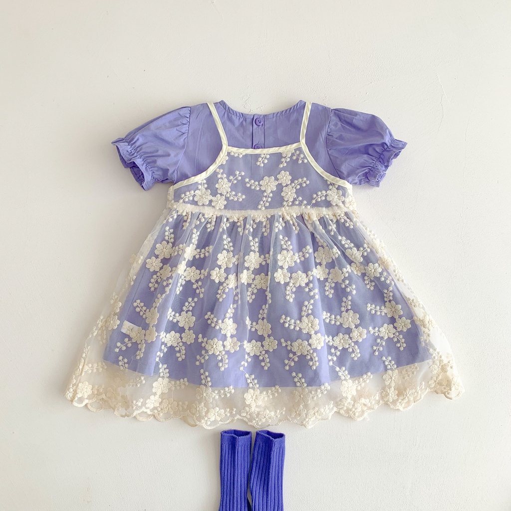 Bộ Đầm 2 Món Tay Ngắn Phối Lưới Thiết Kế Dễ Thương Cho Bé Gái Từ 1-5 Tuổi