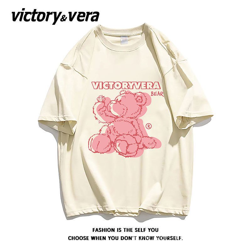 Áo Thun Cotton Dáng Rộng Tay Lỡ In Hình Gấu Phong Cách Preppy Mùa Hè Hàng Mới Dành Cho Bạn Nữ 2022