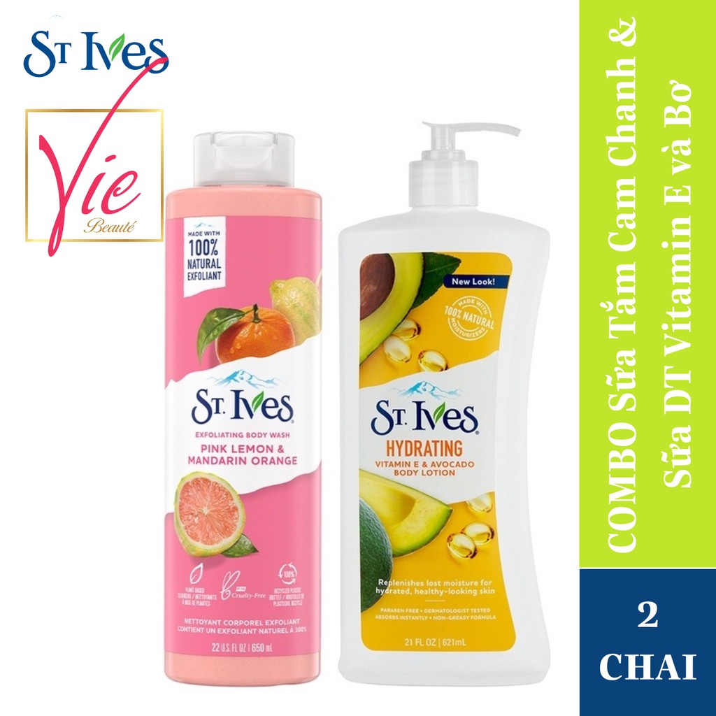 COMBO Sữa tắm St.ives Cam Chanh [650ml]  + Sữa dưỡng thể St.Ives Vitamin E và bơ [621ml]