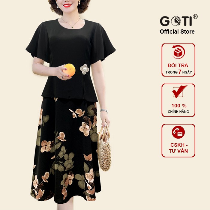 GOTI - Đầm Trung Niên Dáng Dài Kiểu Dự Tiệc Cao Cấp Vải Lụa Mềm Mịn Tay Ngắn Cho Mẹ U40 U50 3330