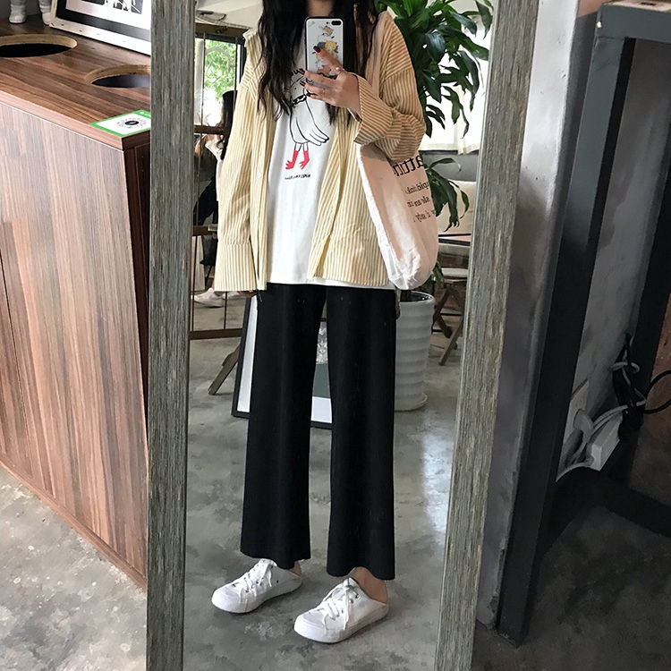 SUXI Quần dài ống suông rộng lưng cao phong cách Hàn Quốc