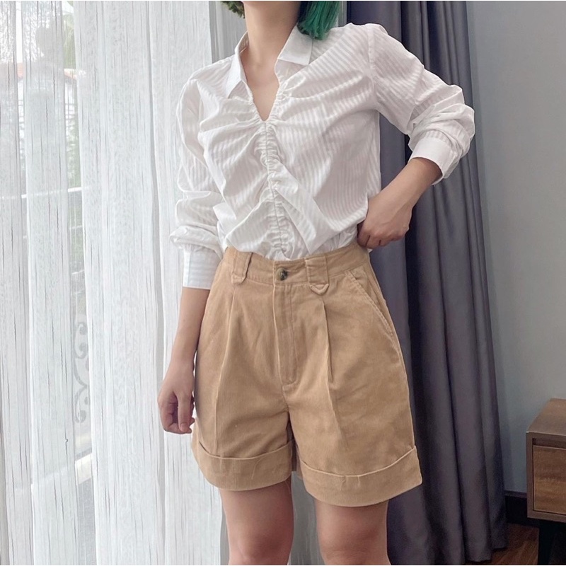 Áo cổ bẻ dáng suông rút dây. Hình thật shop chụp cận vải