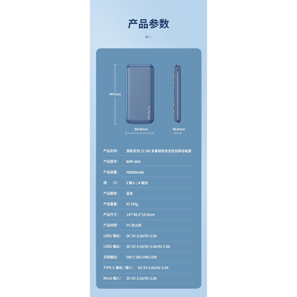 Pin sạc dự phòng Wireless Remax RPP-203 10000mAh 2 Inputs 3 Output, PD 18W, QC 22.5W, sạc không dây 15W (Xanh)