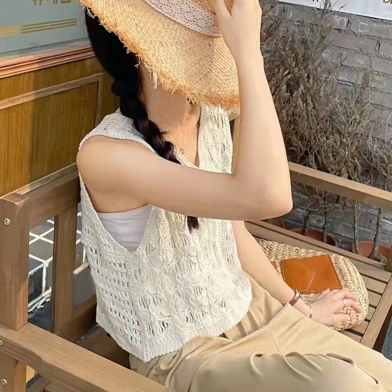Brroa Áo Khoác Cardigan Dệt Kim Không Tay Cài Nút Họa Tiết Hoa Rỗng Phối Ren Cho Nữ