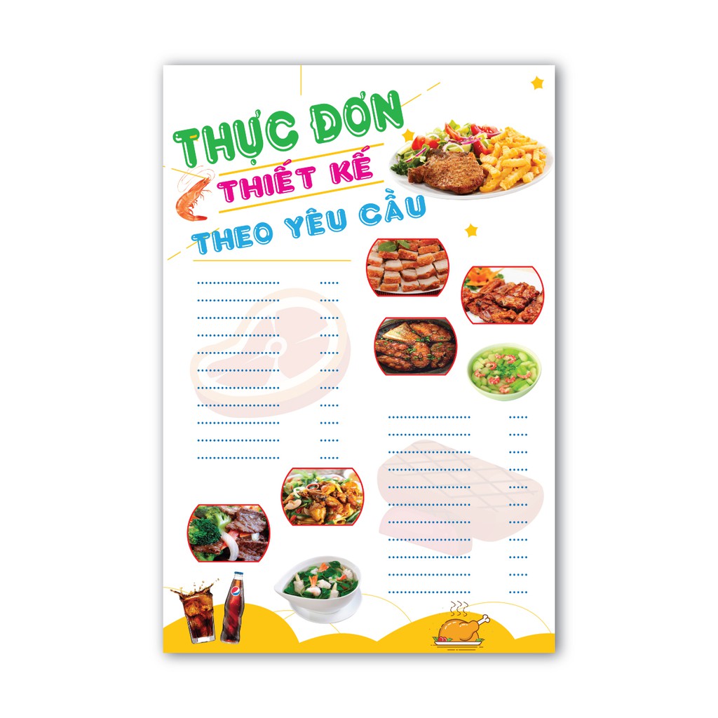 Menu thực đơn quán cơm, quán ăn, quán giải khát, quán phở thiế kế theo yêu cầu.