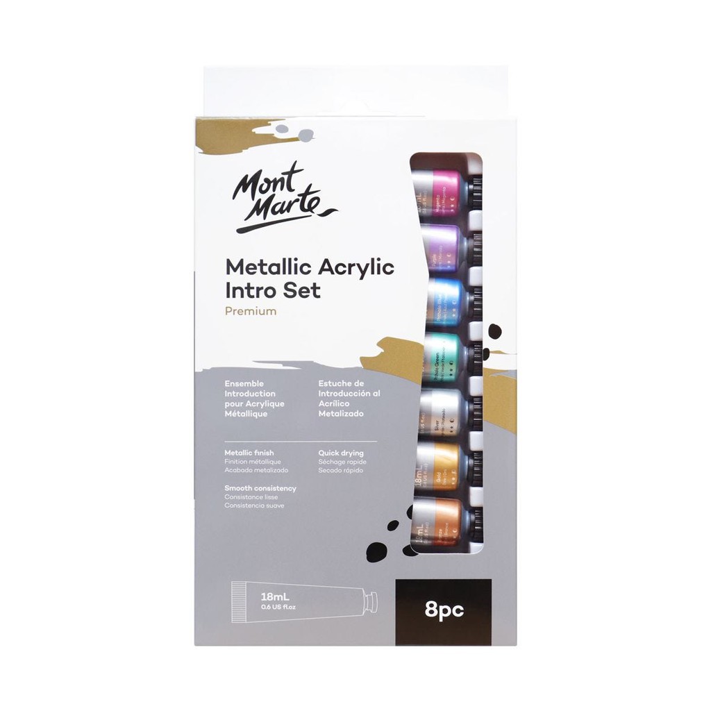 Set 8 Màu Nhũ Metallic Acrylic Mont Marte x 18ml - Metallic Acrylic Paint Intro Set - PMMT8181