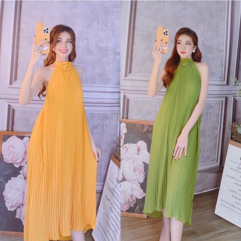 [Mã FAMANU84 giảm 10% đơn 0đ] Đầm maxi dập ly cổ yếm phối nơ nhỏ cực đẹp hình thật | BigBuy360 - bigbuy360.vn