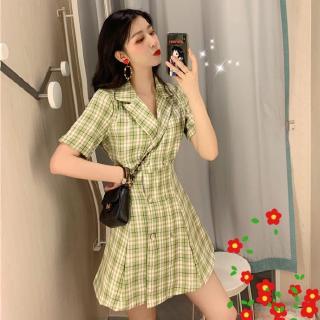 Đầm midi nữ tay ngắn họa tiết caro phong cách retro