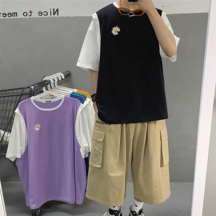 ÁO KIỂU RAGLAN THÊU HOA CÚC TÍM ĐEN CAM UNISEX - ÁO GILE PHỐI HOA CÚC TAY TRẮNG FORM TO