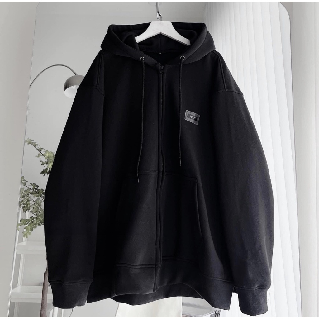 Áo khoác hoodie zip chống nắng TEM SU WZS màu đen vải nỉ lót bông form rộng unisex nam nữ