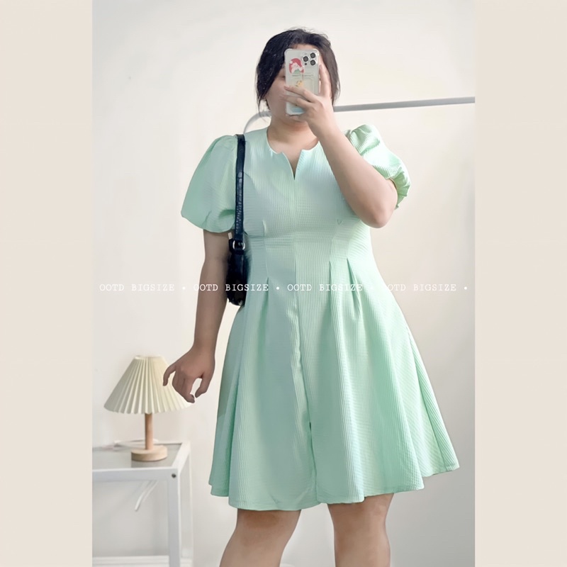 Đầm bigsize cổ V chiết eo poly tổ ong