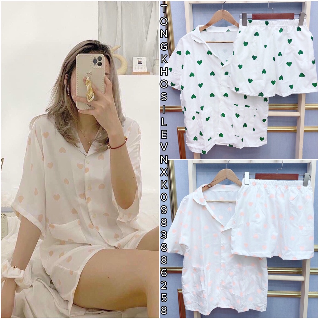 Bộ Pijama Ngủ Nữ Cộc Tay In Hình 5D Bò Sữa Tay Lỡ Hình Trái Tim - Set Quần Áo Ngủ 3 Hình Mẫu