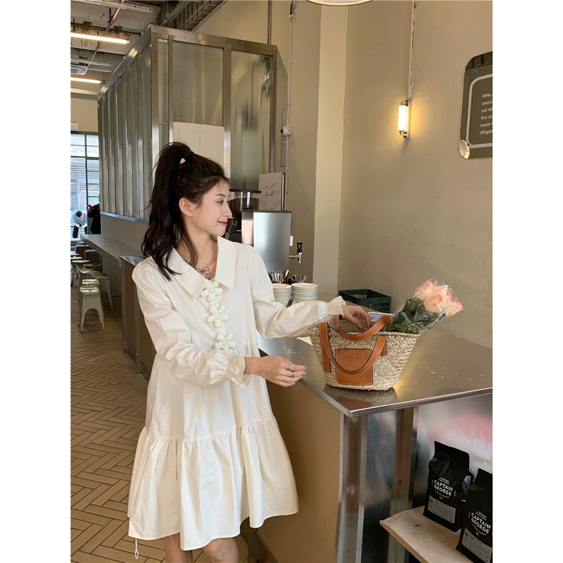 Đầm Tay Dài Cổ Sơ Mi Họa Tiết Hoa Thời Trang Phong Cách Hàn Quốc Cho Nữ