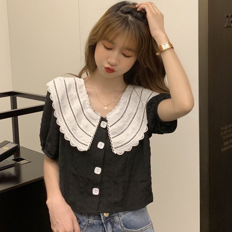 Áo Kiểu Tay Phồng Ngắn Cổ Peter Pan Phối Ren Phong Cách Retro Pháp Thời Trang Mùa Hè Cho Nữ