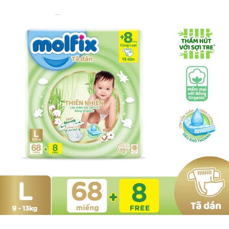 Tã dán thiên nhiên Molfix Super Jumbo S80/M76/L68/XL62/XXL56 tặng 8 miếng