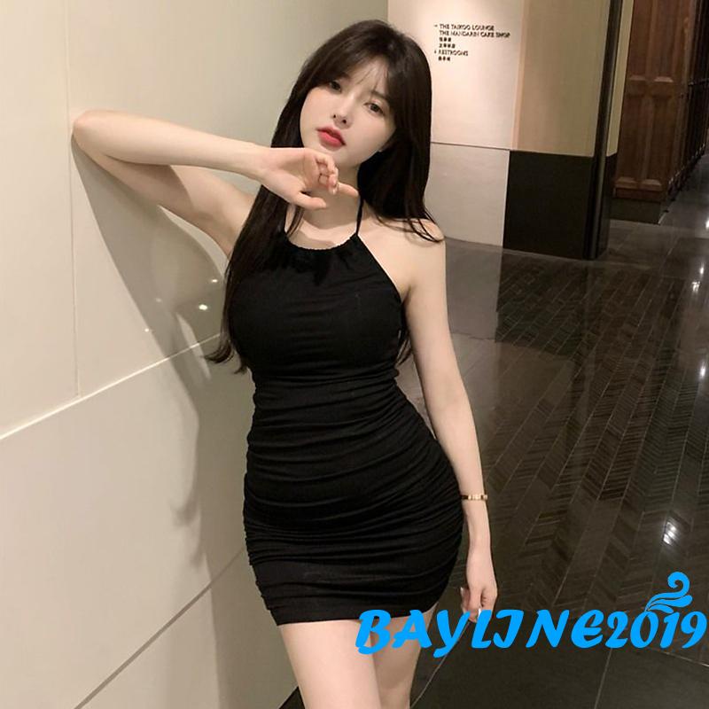 Đầm Mini Xếp Ly Cổ Yếm Hở Lưng Màu Trơn Cho Nữ