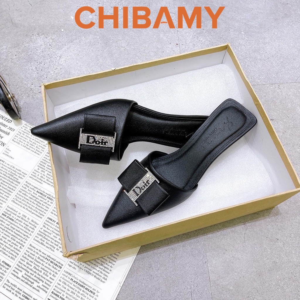 Giày Sục cao gót nữ Doir mũi nhọn 5cm đính nơ da CHIBAMY Sang Chảnh