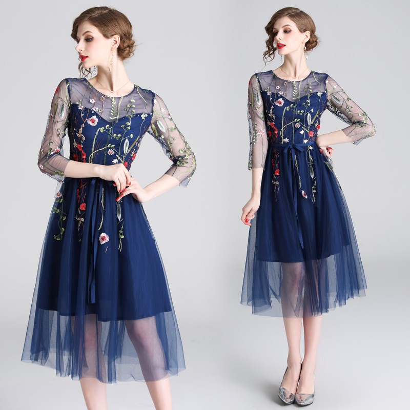 Real Shot Women's High Quality Embroidered Mesh Midi Party Dress