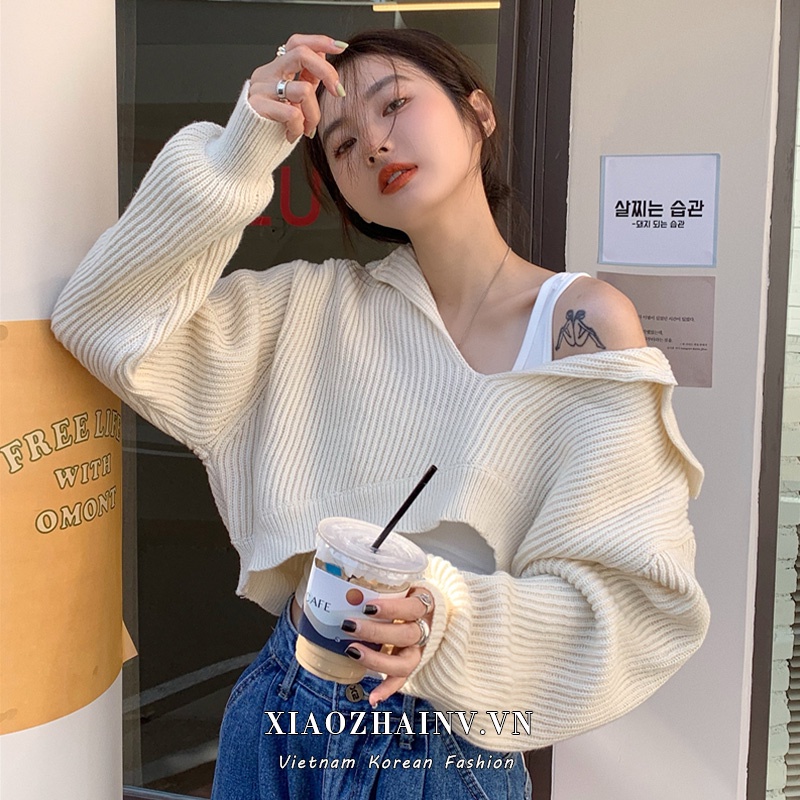 Xiaozhainv  Áo croptop dệt kim tay dài dáng rộng duyên dáng dễ phối đồ cho nữ | BigBuy360 - bigbuy360.vn