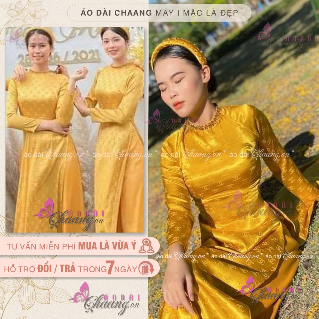Áo dài xinh dự tiệc may sẵn áo dài gấm LV&GC đinh đá pha lê đẹp sang trọng