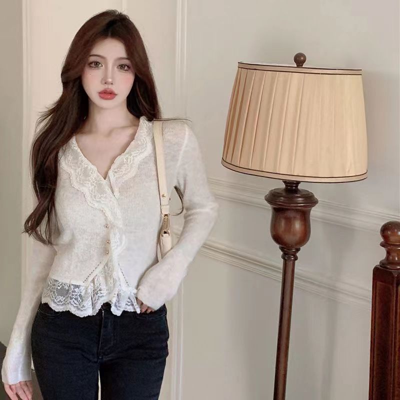 Áo Khoác Cardigan Dệt Kim Phối Ren Xinh Xắn Cho Nữ  tao bao
