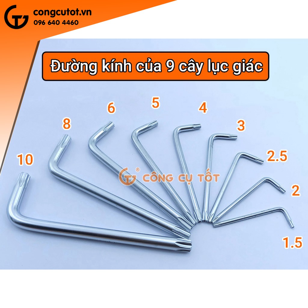 Bộ lục giác 9 cây đầu bông chữ L 1.5 -10mm thép CrV dài 135mm