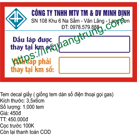 Tem nhắc thay dầu, tem thay nhớt